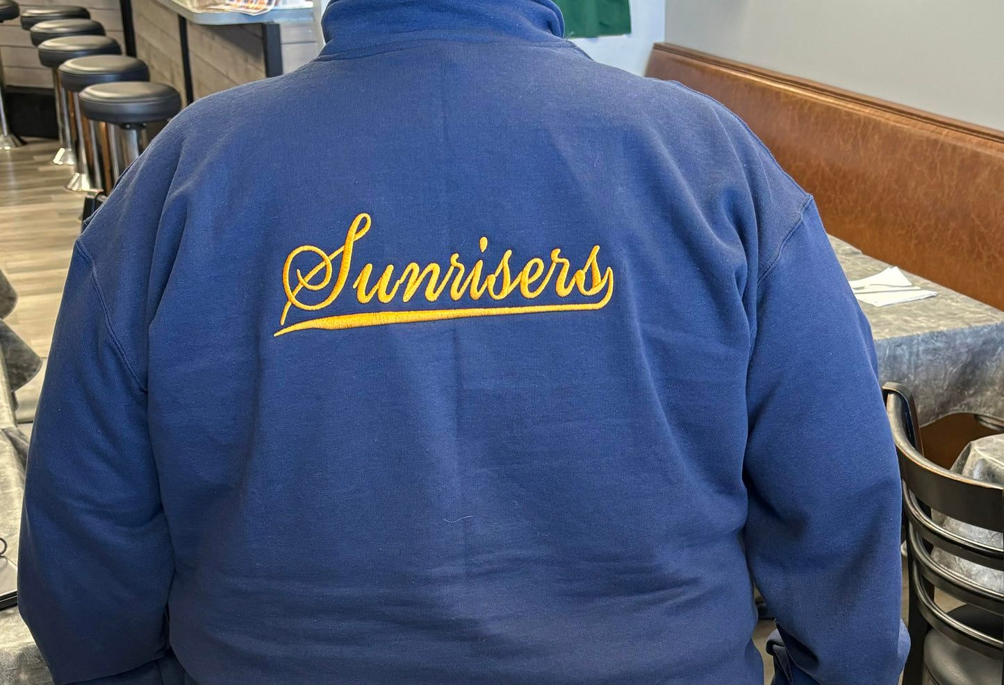 Blue front Zipper Sweatshirt - New Style- Blue Sunrisers sweatshirt -  Zipper front (no hood & collared) with Sunrisers Script on the back.