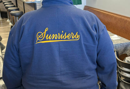 Blue front Zipper Sweatshirt - New Style- Blue Sunrisers sweatshirt -  Zipper front (no hood & collared) with Sunrisers Script on the back.