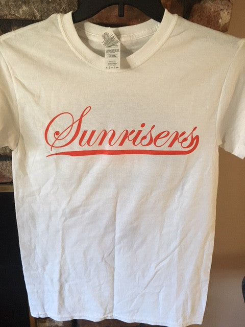 SUNRISERS SHIRT-  Basic White T-Shirt - Orange Sunrisers Script $30 marked down to $25